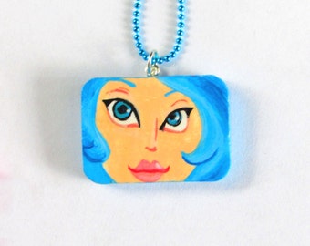 Miniature Painting Pendant hand painted Original  BRIGHT BLUE
