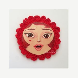 Miniature Painting Girl with Crocheted Frame Cherry Red image 1
