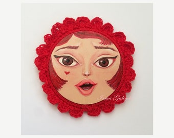 Miniature Painting Girl with Crocheted Frame Cherry Red