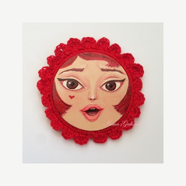 Miniature Painting Girl with Crocheted Frame Cherry Red