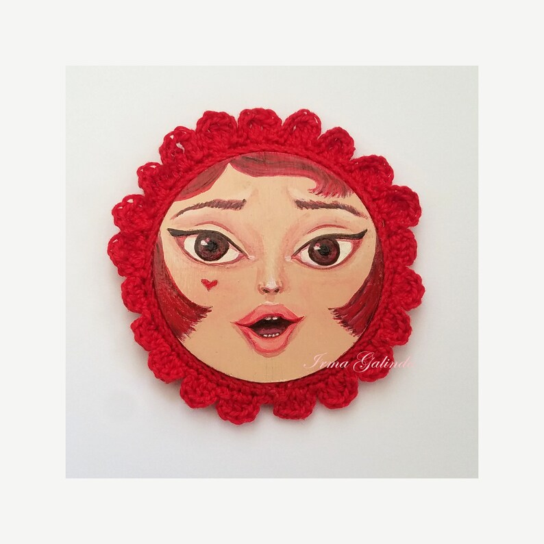 Miniature Painting Girl with Crocheted Frame Cherry Red image 1