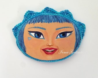 Miniature  Painting Girl with Crocheted Frame color Electric Blue and Blue Eyes