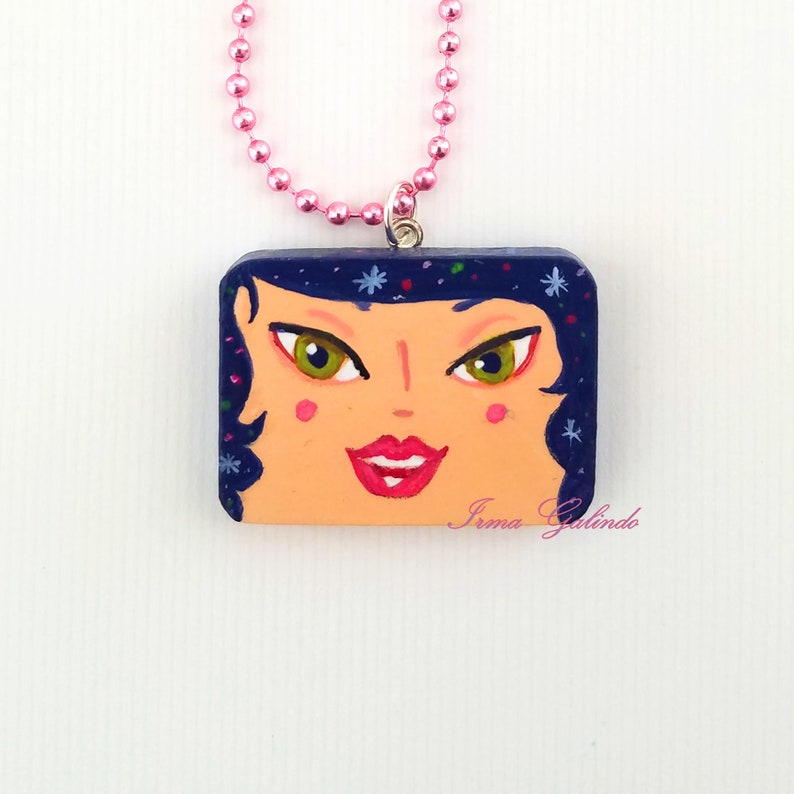 Miniature Painting Pendant hand painted Original of a girl with stars hair image 1