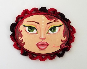 Miniature Painting Girl with Crocheted Frame color Red and Black and Green Eyes