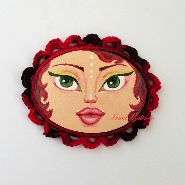 Miniature Painting Girl with Crocheted Frame color Red and Black and Green Eyes