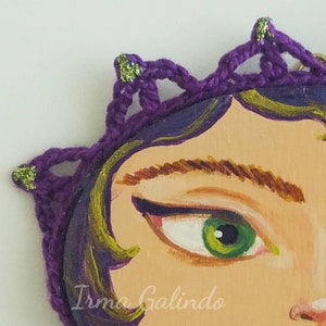 Miniature Painting Girl with Crocheted Frame color Purple and Green and Green Eyes image 3
