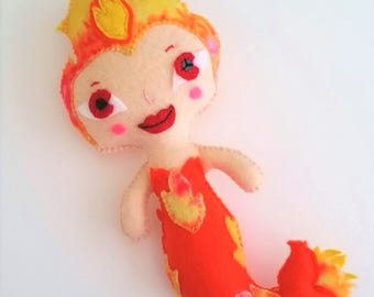 Mermaid Fire Girl Handmade Felt Art Doll