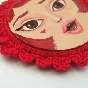 Miniature Painting Girl with Crocheted Frame Cherry Red image 2