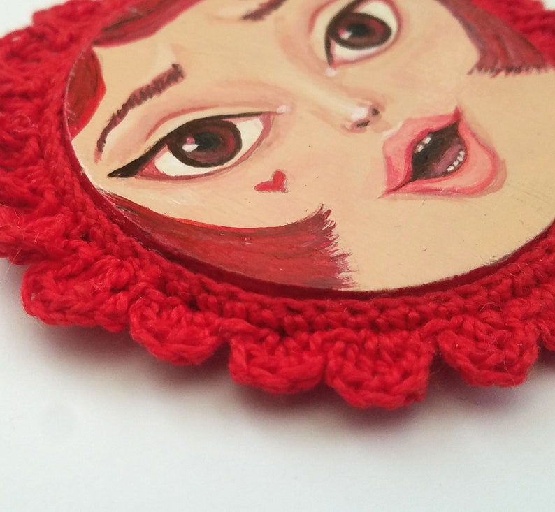 Miniature Painting Girl with Crocheted Frame Cherry Red image 2