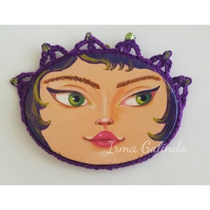 Miniature Painting Girl with Crocheted Frame color Purple and Green and Green Eyes image 6