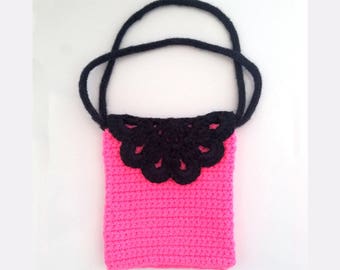 Crocheted Pink Purse with Black flower on Top and black handles