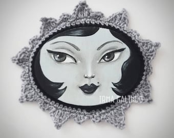 Miniature Painting Girl with Crocheted Frame color Black and White Noir style