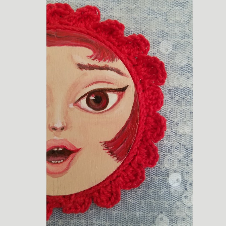 Miniature Painting Girl with Crocheted Frame Cherry Red image 5