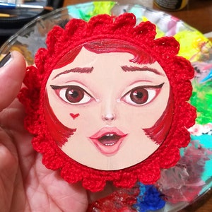 Miniature Painting Girl with Crocheted Frame Cherry Red image 7