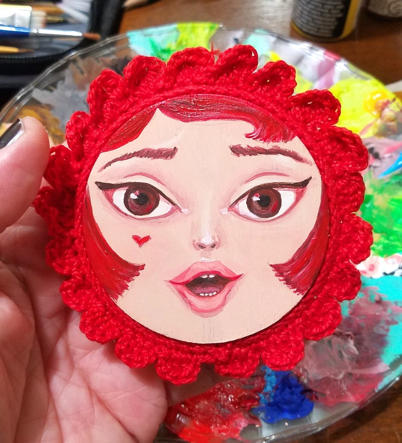 Miniature Painting Girl with Crocheted Frame Cherry Red image 7