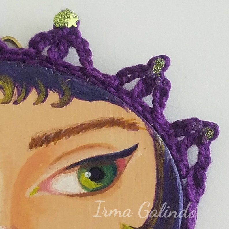 Miniature Painting Girl with Crocheted Frame color Purple and Green and Green Eyes image 4