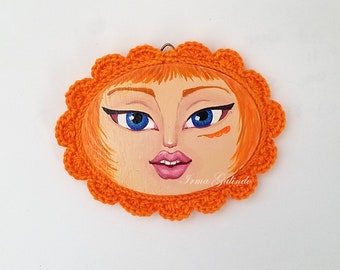 Miniature Painting Girl with Crocheted Frame and orange hair with Blue Eyes