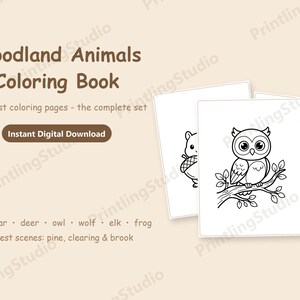 Könnte beinhalten: Ein digitales Malbuch mit dem Titel Woodland Animals Coloring Book mit 23 Seiten. Das Cover enthält Text und ein braunes kreisförmiges Abzeichen mit 23 Seiten. Drei Beispielseiten zeigen schwarz-weiße Strichzeichnungen einer Eule.
