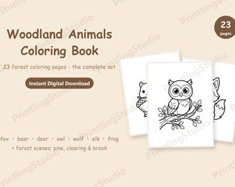 23 Woodland Animal Coloring Pages Bundle, Fall Forest Kids Printable, Classroom Homeschool Pack, Instant Download PDF