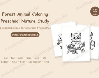Nature Study Coloring Pages, Woodland Forest Animals Printable, Back to School Preschool Homeschool, Fall Classroom Activity, Instant PDF