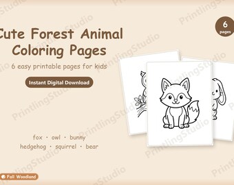 Forest Animal Coloring Pages, Fall Woodland Kids Printable, Preschool Classroom Activity, Back to School, Instant Download PDF