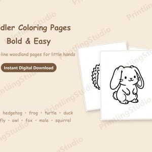 Könnte beinhalten: Ein Set aus 10 Malvorlagen für Kleinkinder mit einfachen Waldtier-Illustrationen und dicken Linien. Der Text lautet: Toddler Coloring Pages, Bold & Easy, 10 thick-line woodland pages for little hands, Instant Digital Download, 10 pages, bunny, hedgehog, frog, turtle, duck, butterfly, owl, fox, mole, squirrel.