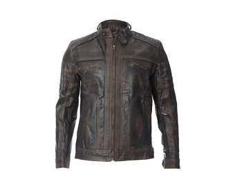 Men Vintage Leather Jacket - Brown Biker Jacket, Genuine Leather Classic Outerwear for Motorcycle Fashion, Stylish & Timeless