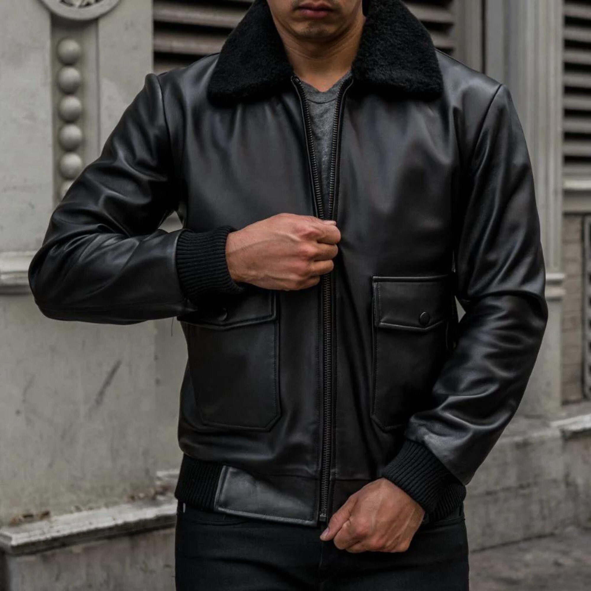 0099~Leather Jacket with Shearling Collar main image 0
