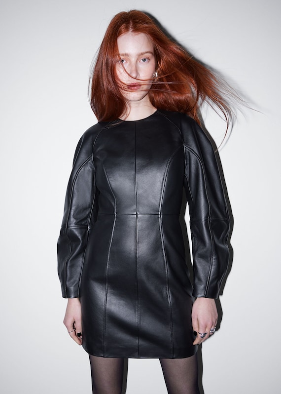 Women Sculptural Leather Mini Dress. Leather Dress. Women Sculptural Leather Mini Dress. Leather Dress.