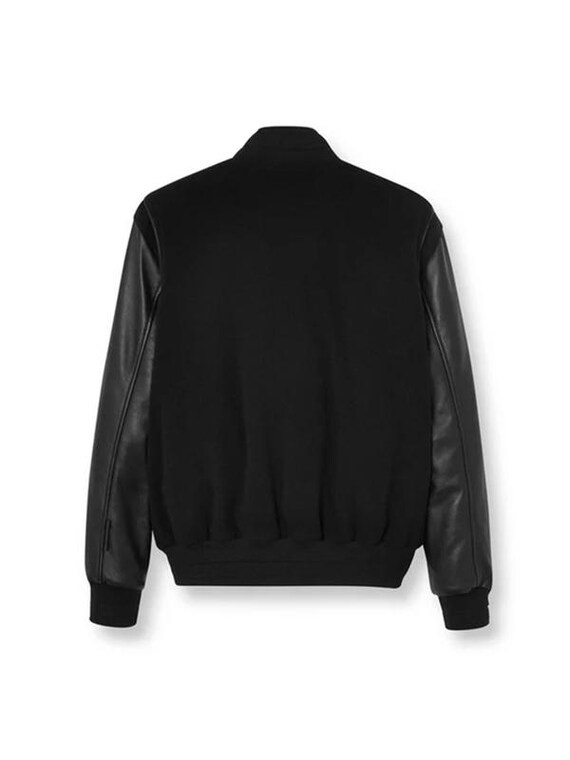 メンズ ブラック バーシティ レザー ボンバー ジャケット