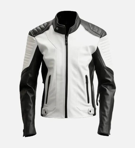 Men's Black White Cafe Racer Leather Jacket Stylish Biker Coat