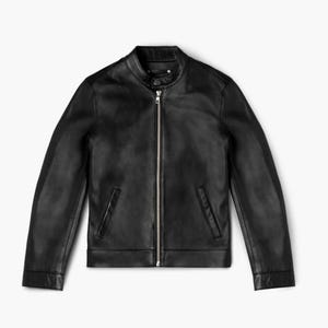 May include: A black leather jacket with a zipper closure and two pockets.