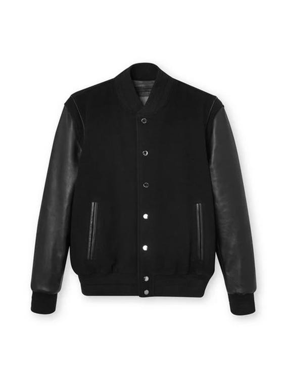 メンズ ブラック バーシティ レザー ボンバー ジャケット