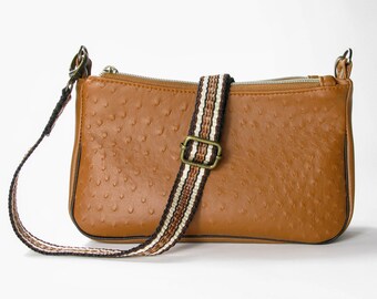 Double Pocket Crossbody Bag Purse Caramel Gingerbread Brown Faux Leather Vinyl Handwoven Adjustable Strap