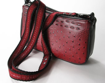 Double Pocket Crossbody Bag Purse Red and Black Faux Leather Vinyl Handwoven Adjustable Strap