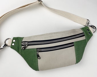 Travel Bag Hands Free, Fanny Pack, BumBag, Chest Bag, Belt Bag, Waist Bag -  Forest Green and Beige