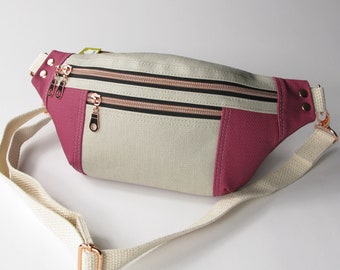 Travel Bag Hands Free, Fanny Pack, BumBag, Chest Bag, Belt Bag, Waist Bag -  Raspberry Pink and Beige