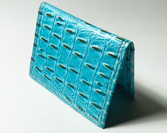 Slim BiFold Wallet Unisex Gift Turquoise Blue Croc Textured Vinyl Minimalist Wallet