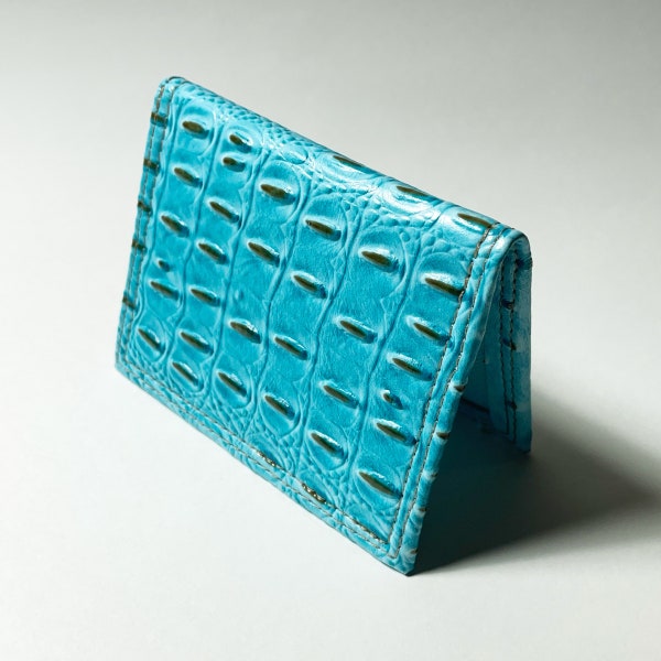 Slim BiFold Wallet Unisex Gift Turquoise Blue Croc Textured Vinyl Minimalist Wallet