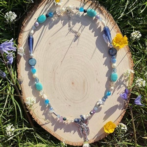 misty waters necklace / handmade beaded necklace with silver fairy charm