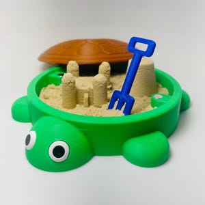 Mini Desktop Turtle Sandbox with Magnetic Shell Lid and your color choice of Kinetic Sand and Tiny Toys | Choose from 8 sand colors!