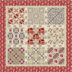 May include: A quilt block pattern with nine different designs. The designs are made up of various colors and patterns, including red, blue, green, and white. The quilt block is surrounded by a red border with a floral pattern.