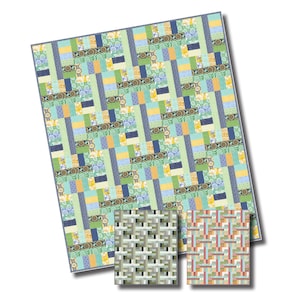 Puede incluir: Un patrón de colcha con un diseño geométrico repetitivo en tonos de azul, verde, amarillo y blanco. El patrón está formado por cuadrados y rectángulos. La colcha se muestra con dos muestras más pequeñas del patrón en diferentes combinaciones de colores.