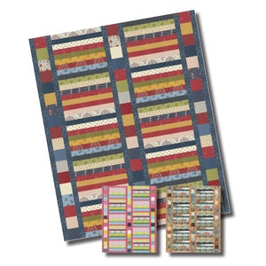 Könnte beinhalten: Eine Quiltdecke mit Patchwork-Muster, die horizontale Streifen in verschiedenen Farben wie Rot, Blau, Gelb und Grün zeigt. Die Decke besteht aus verschiedenen Stoffmustern und -texturen.