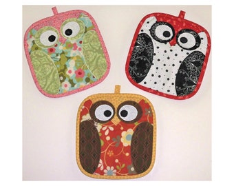 Night Owl Pot Holder - Kitchen Pot Holder - Owl Gift - Applique - Potluck Sewing Pattern - Print Pattern