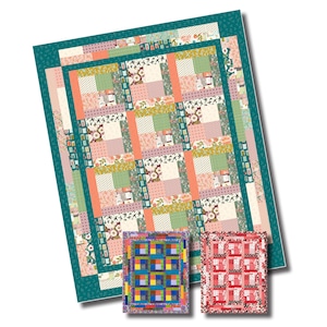 Puede incluir: Un edredón grande con un borde verde azulado y un diseño de patchwork con cuadrados de varios patrones y colores, incluyendo florales, lunares y colores lisos. También se ven dos edredones más pequeños con diseños similares.