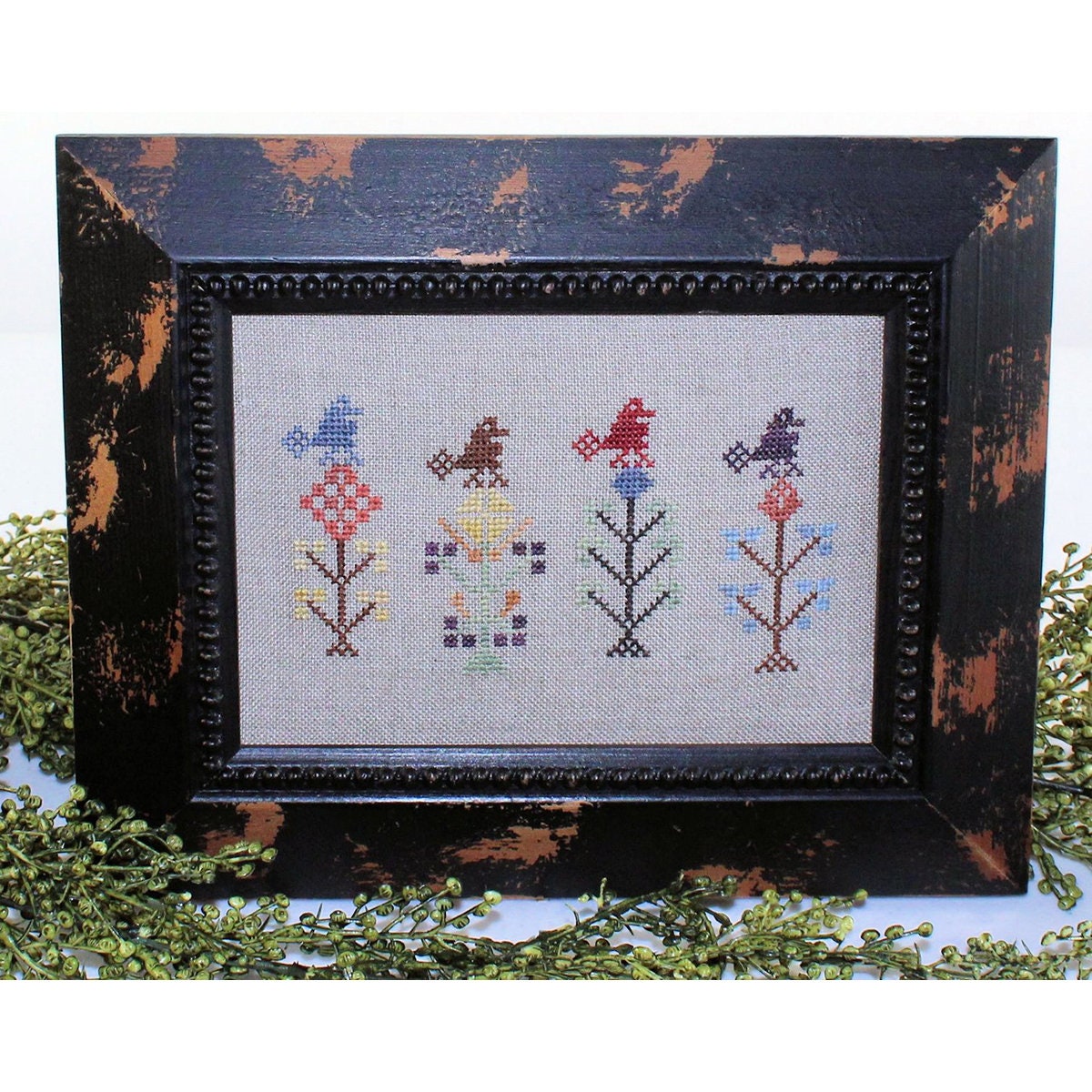 Feathered Friends Cross Stitch Pattern Birds Floral Spring Framed Decor ...