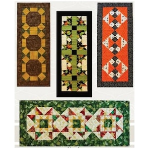 Pode incluir: Quatro diferentes corredores de mesa com padrões geométricos. Os corredores de mesa são feitos de tecido e têm uma variedade de cores, incluindo verde, marrom, laranja, branco e preto.