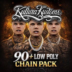 Op de afbeelding: Afbeelding met drie mannen met tatoeages en gouden kettingen. De tekst "Kultura Kustoms" staat bovenaan en "90+ LOW POLY CHAIN PACK" onderaan. De achtergrond is donker en goudkleurig.