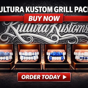 May include: An advertisement for a grill pack. The image features four sets of decorative teeth in individual boxes. The teeth are white, blue, and silver. The text reads "KULTURA KUSTOM GRILL PACK" and "BUY NOW" and "ORDER TODAY".